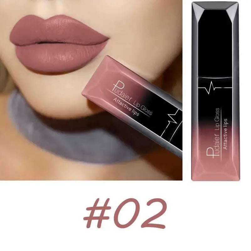 Matte lip gloss in shade #02 displayed alongside full lips, highlighting long-lasting color and attractive finish.