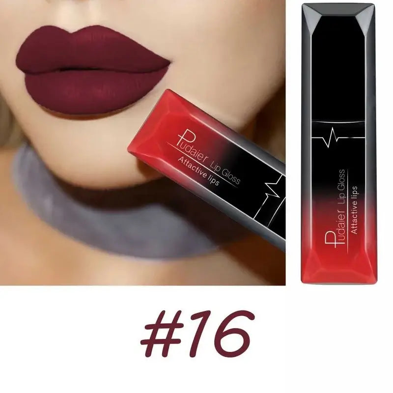 Long-lasting matte lip gloss on bold lips, showcasing product #16 in stylish packaging.