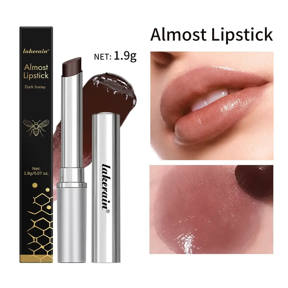 Long lasting black honey lipstick with moisturizing properties, showcasing packaging and swatch.