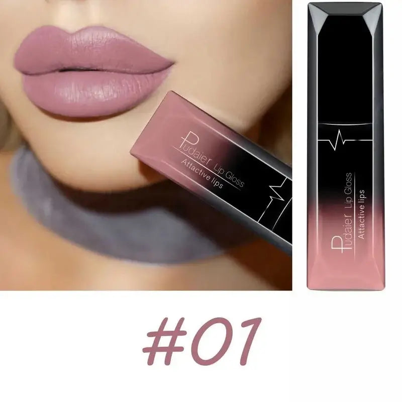 Long-lasting matte lip gloss with attractive lips in soft pink shade, showcased alongside its stylish packaging.
