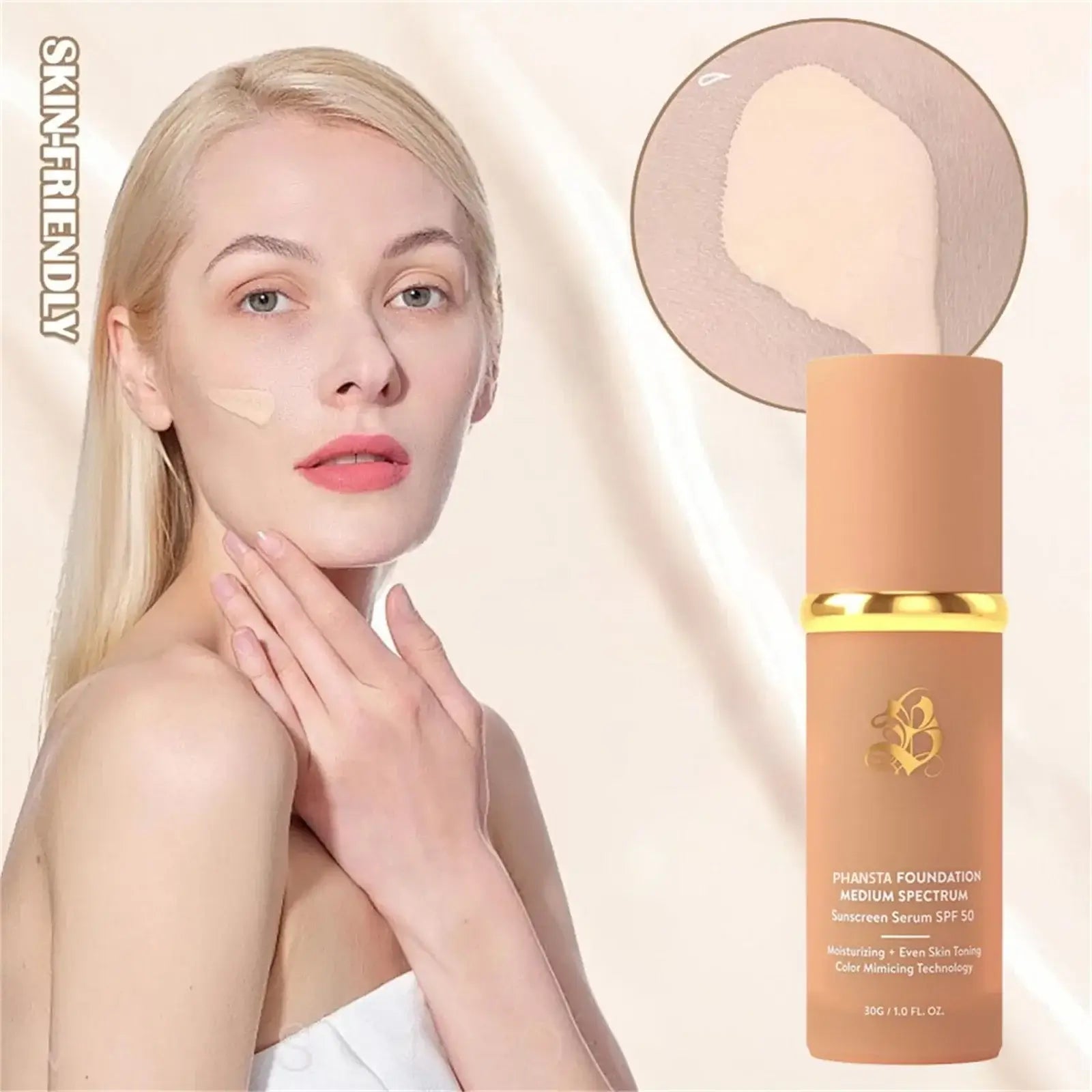 2024 Hot Foundation 4 in 1 Light Spectrums with SPF50+ showcasing a model applying the product for radiant skin.