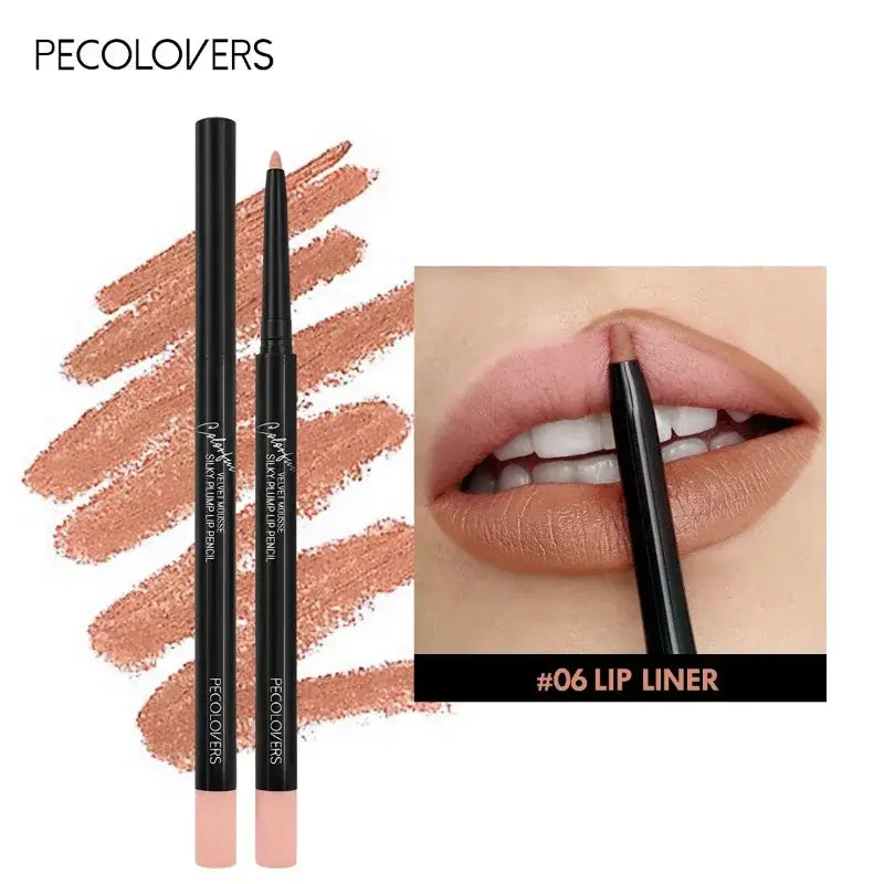 Waterproof nude lip liner pencil by PECOLORVERS in #06 shade, showcasing application on lips with swatches.