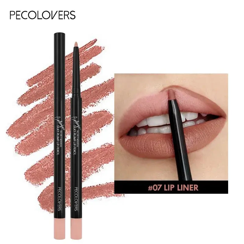 PecoLovers waterproof nude lip liner in shade #07, displayed beside soft nude lip swatch.
