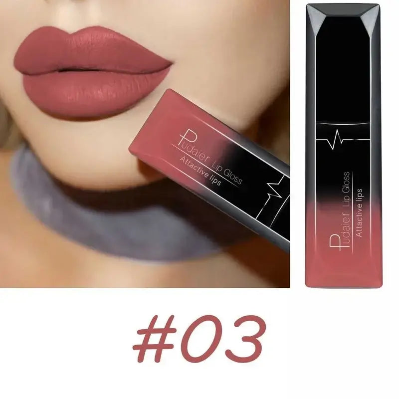 Long-lasting matte lip gloss in shade #03 displayed with full lips, showcasing a stylish packaging design.