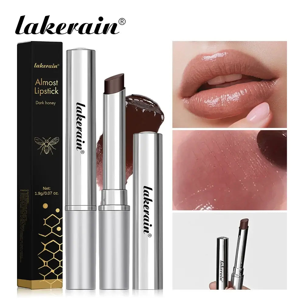 Lakerain Almost Lipstick in dark honey shade with glossy finish, featuring moisturizing properties, and stylish packaging.