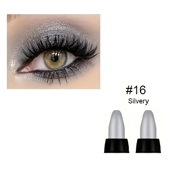 Waterproof glitter eyeliner in Silvery shade applied to the eye, showcasing dramatic lashes and stunning eye makeup.