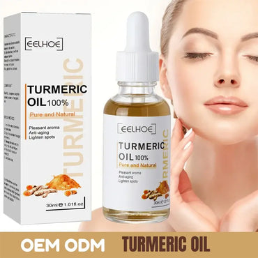 EELHOE Turmeric Oil 100% for skin care, anti-aging, and spot lightening, in a 30ml bottle with a model applying it.