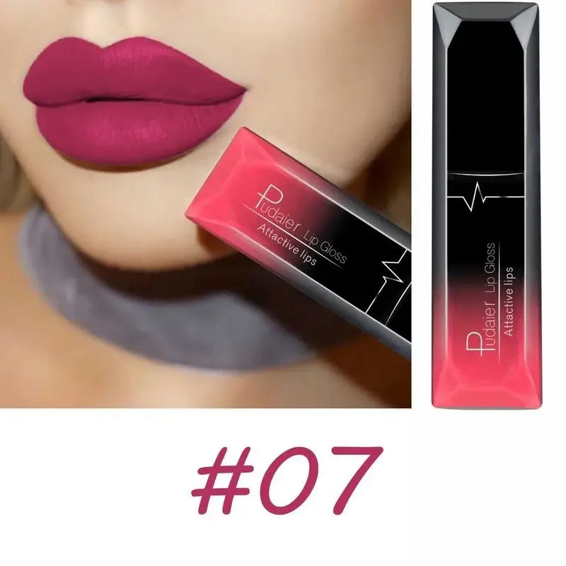 Long-lasting matte lip gloss shade #07 displayed with model's lips, showcasing vibrant color and sleek packaging.