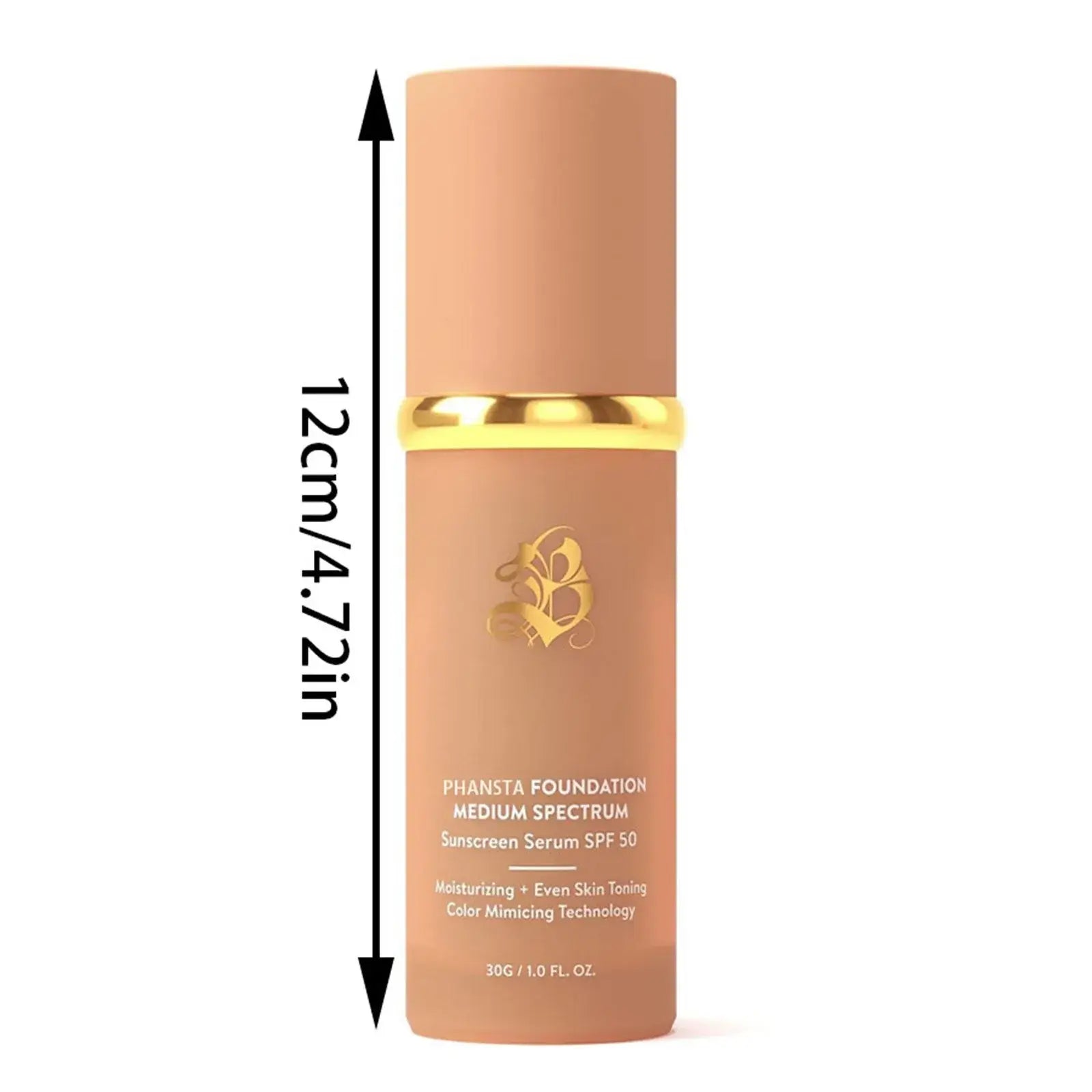 Phansta Foundation Medium Spectrum Sunscreen Serum SPF 50 in a 30g bottle with moisturizing and color mimicking technology.