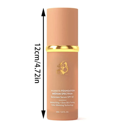 Phansta Foundation Medium Spectrum Sunscreen Serum SPF 50 in a 30g bottle with moisturizing and color mimicking technology.