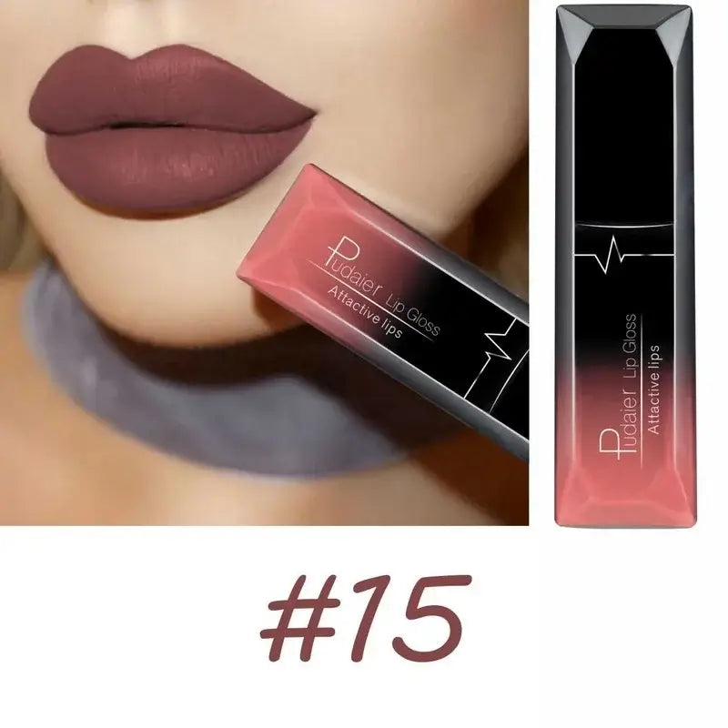 Long-lasting matte lipgloss shade #15 with attractive dark mauve color swatched on lips.