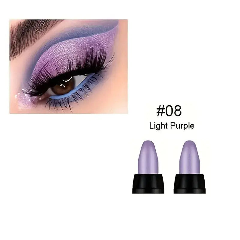 Close-up of a woman's eye featuring light purple waterproof glitter eyeliner and a lipstick shade labeled '#08 Light Purple'.
