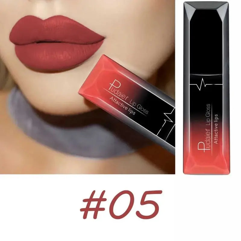 Long lasting matte lip gloss in shade #05, showcasing attractive lips with bold red color.