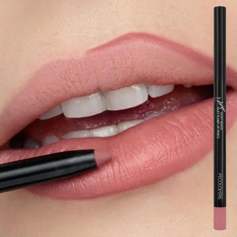 Close-up of lips with waterproof nude lip liner applied, showcasing a smooth finish and natural look.