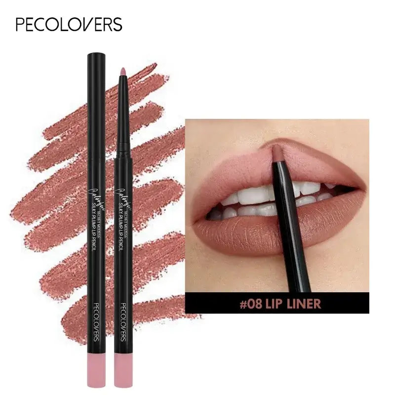 Waterproof nude lip liner by Pecolovers in shade #08, showcasing sleek pencil design and rich color application.