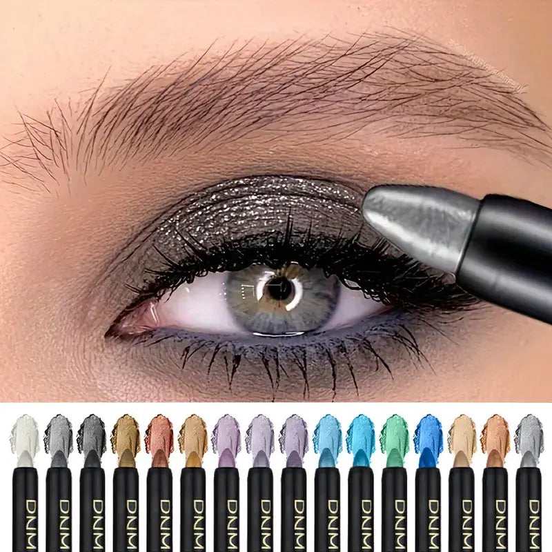 Application of waterproof glitter eyeliner on a model's eye, showcasing a range of vibrant colors below.