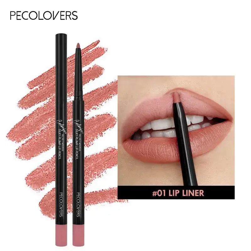 Waterproof nude lip liner with swatches, featuring a model applying it for a soft, natural lip look.