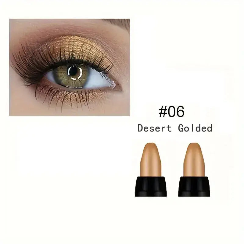 Close-up of a shimmering gold eyeshadow look with green eye, featuring lipstick shades #06 Desert Gold.