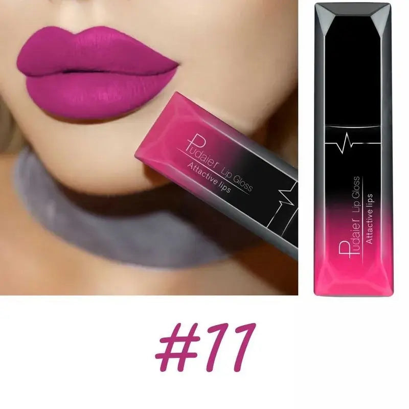 Vibrant fuchsia matte lip gloss applied on lips with product packaging beside it, showcasing color #11.