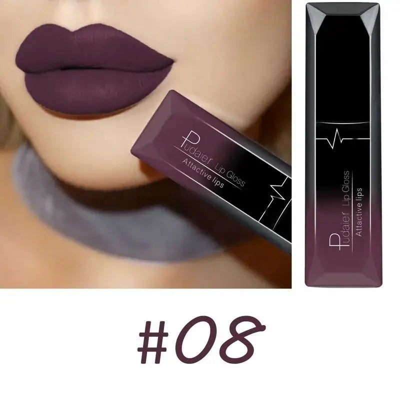 Long-lasting matte lip gloss shade #08 displayed on full lips with sleek packaging for attractive lips.