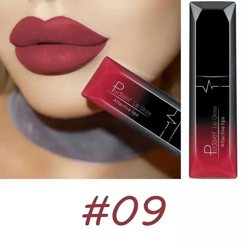 Close-up of matte lips wearing Pudair Lip Gloss shade #09, showcasing long-lasting color and attractive finish.