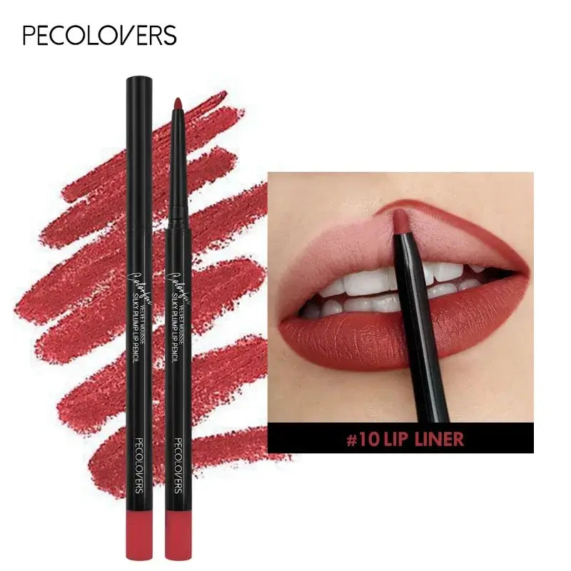 Waterproof #10 lip liner from PECOLIVERS shown with swatches and applied on lips for a full, defined look.