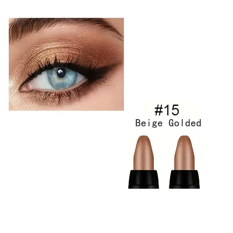 Close-up of a blue eye with bronze eyeshadow and eyeliner, alongside two Beige Golded lipstick shades.