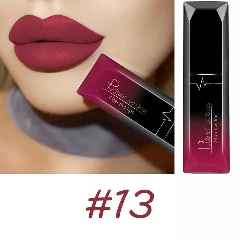 Long lasting matte lip gloss from Pudailer in shade #13, showcasing attractive lips with a bold finish.