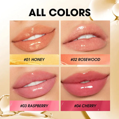 O.TWO.O Lip Plumper Gloss shades: Honey, Rosewood, Raspberry, and Cherry displayed on lips.
