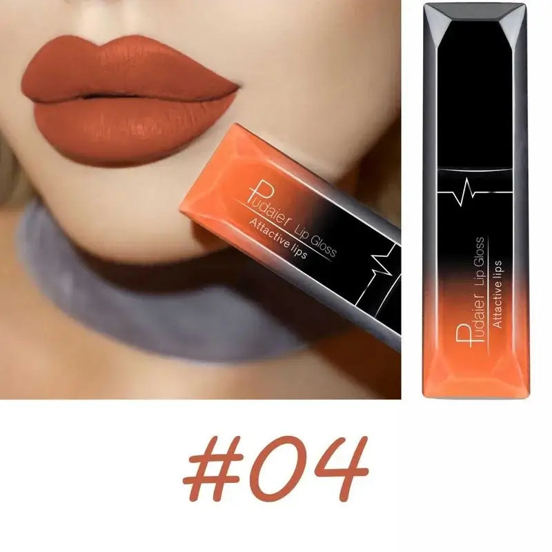 Long lasting matte lip gloss in shade #04 with attractive orange hue applied on lips next to packaging.