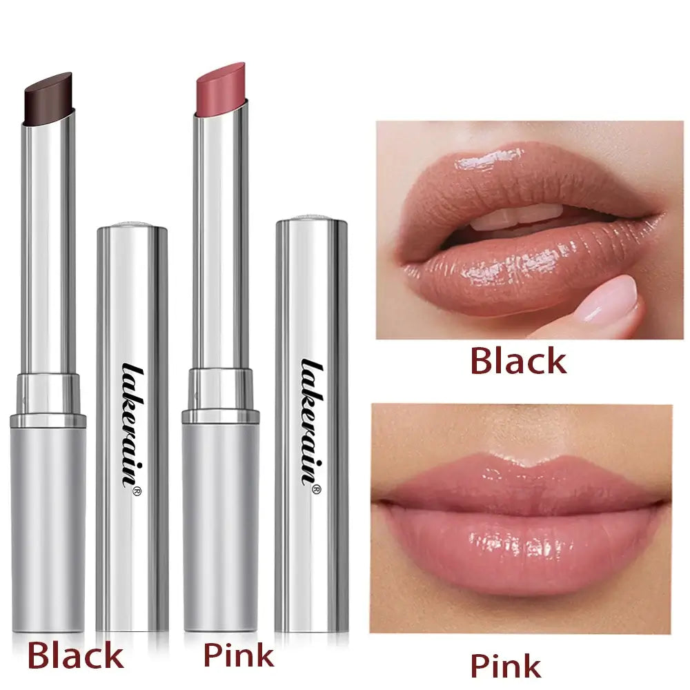 Long lasting black honey lipstick in black and pink shades shown on lips.