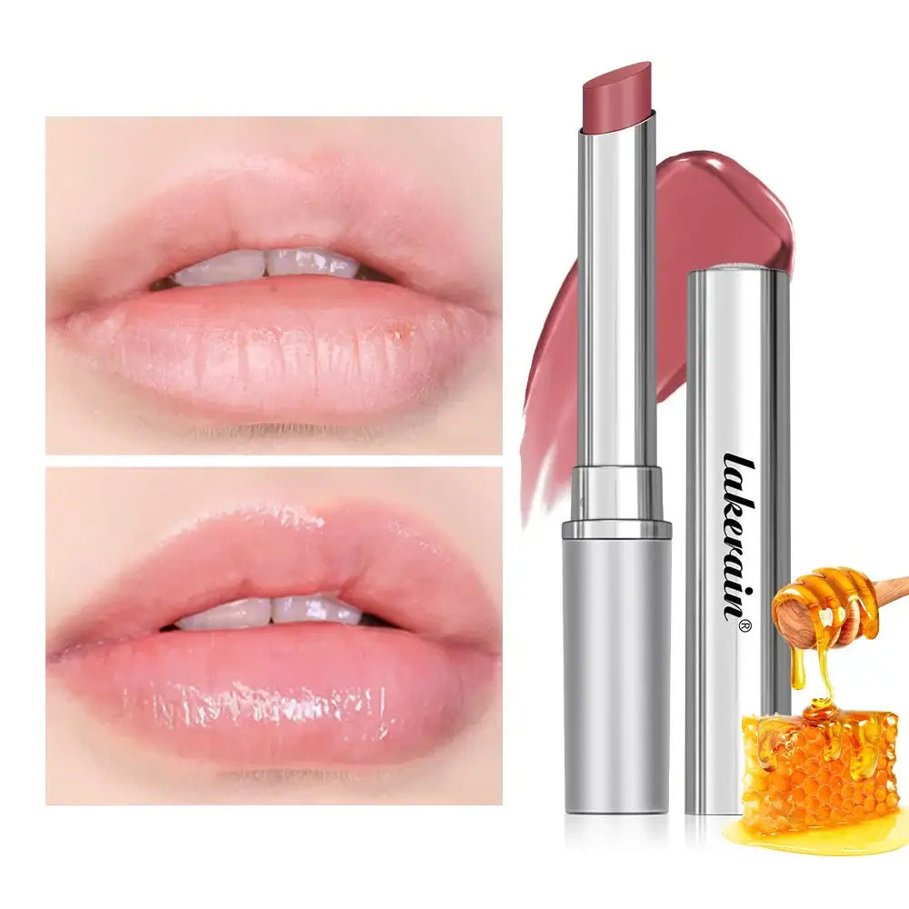 Long lasting black honey lipstick showcasing before and after application on lips with product packaging and honey.