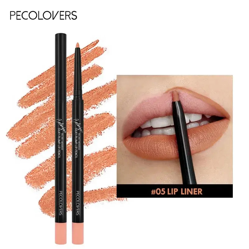 Waterproof nude lip liner by PECOLVERS, showcasing the product with swatches and application on lips.