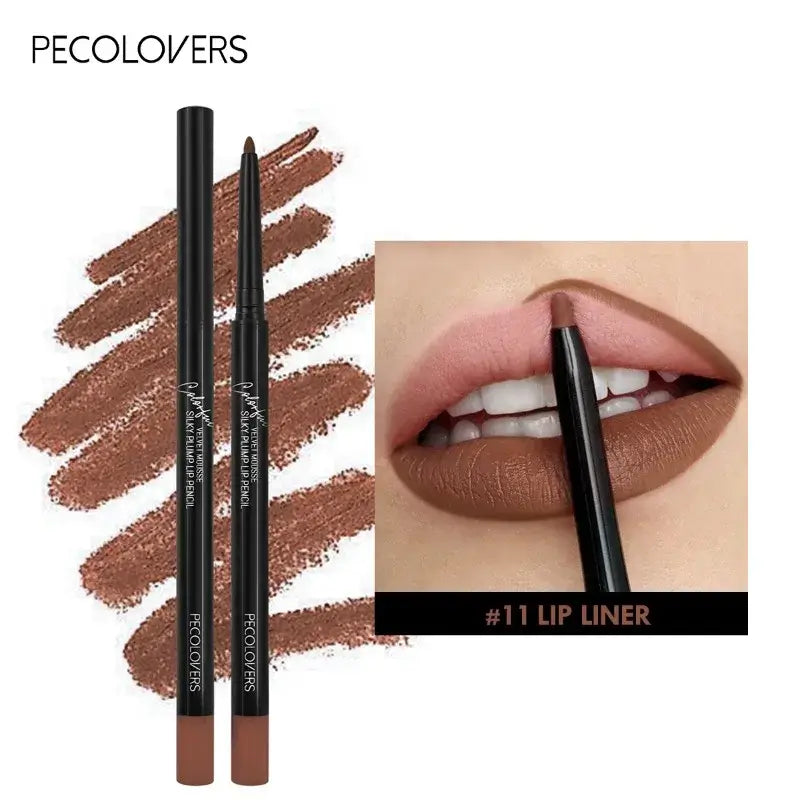 Waterproof nude lip liner by PECOLOVERS, showcasing the product with swatches and an application on lips.