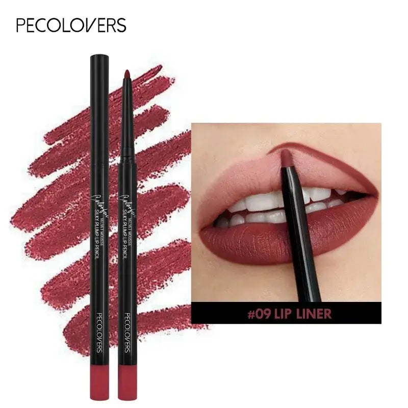 Waterproof nude lip liner by PECOLVERS, swatched on lips, showcasing a smooth application and rich color.