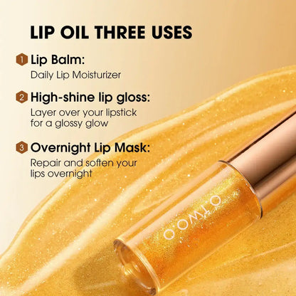 O.TWO.O Lip Plumper Gloss showcasing three uses: lip balm, lip gloss, and overnight lip mask for hydration.
