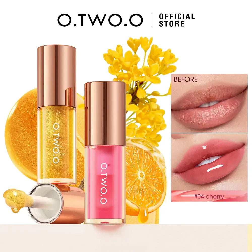O.TWO.O Lip Plumper Gloss in cherry and gold shades with citrus background and before-and-after lip transformation.