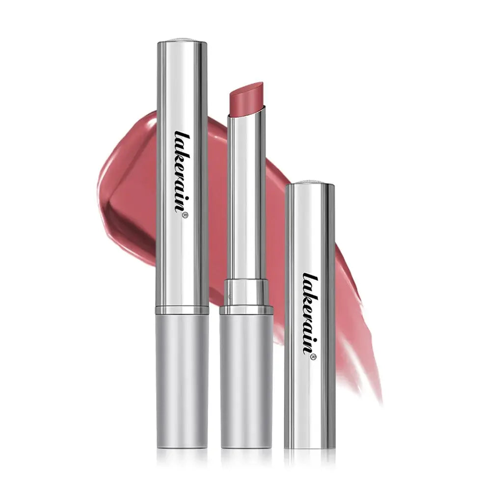 Long lasting black honey lipstick in a sleek silver tube with a swatch in the background, offering moisturizing benefits.