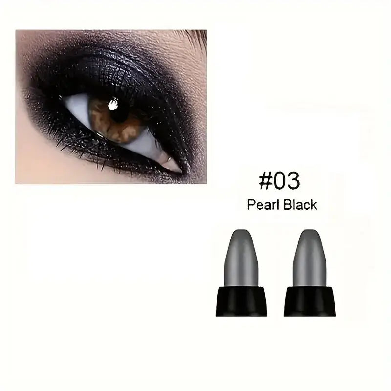 Close-up of a smoky eye makeup look in Pearl Black with two eyeliner pencils displayed.
