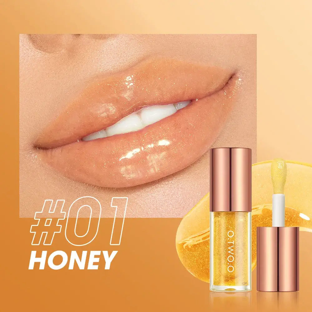 O.TWO.O Lip Plumper Gloss in shade Honey, showcasing glossy lips and product packaging.