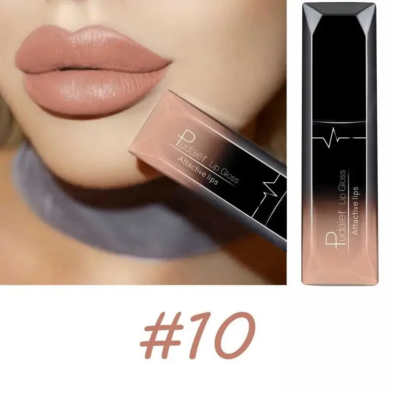 Long lasting matte lip gloss in shade #10, showcasing full lips with a soft nude finish.