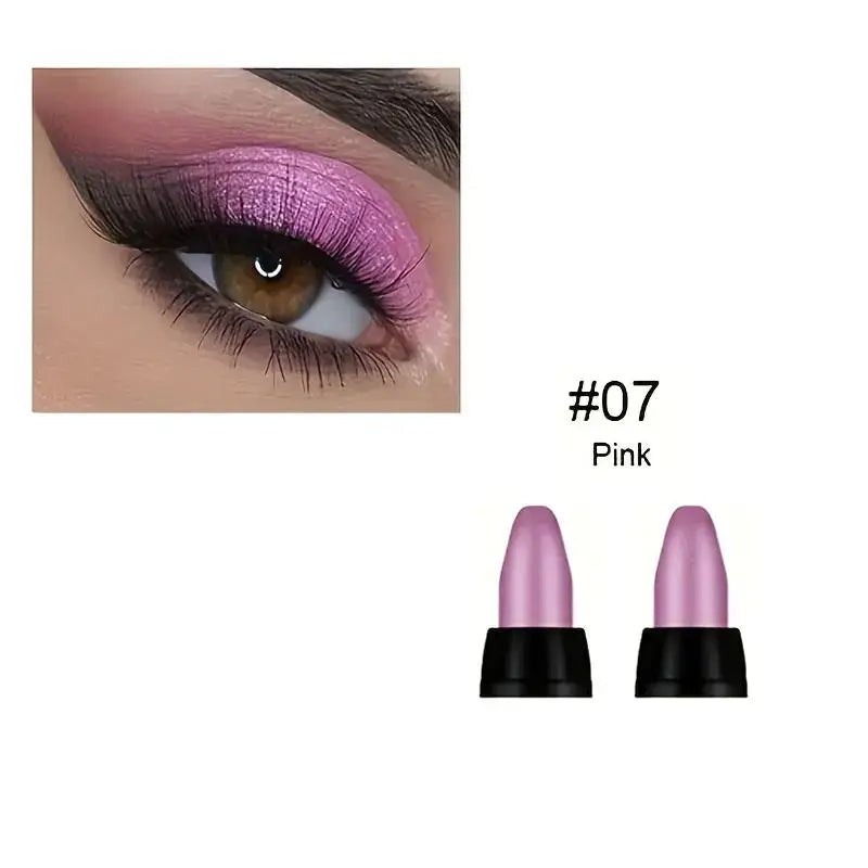 Pink glitter eyeliner look with #07 lipstick shades for vibrant makeup style.