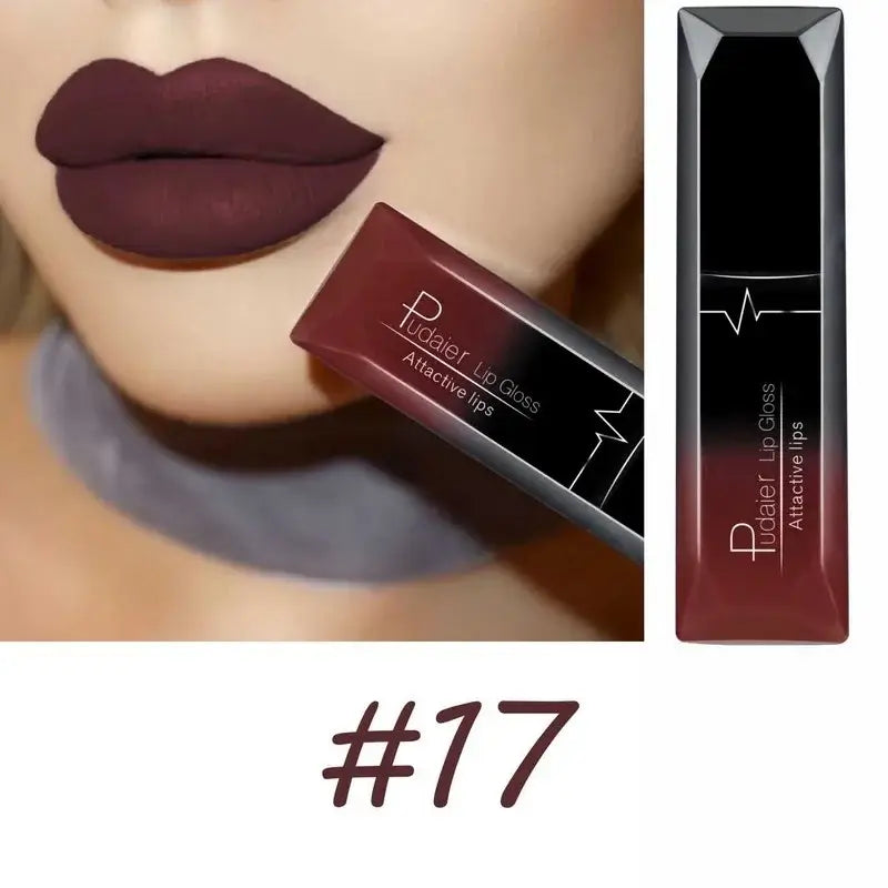 Long-lasting matte lip gloss shade #17 with attractive dark plum color on model's lips showcased alongside the product packaging.