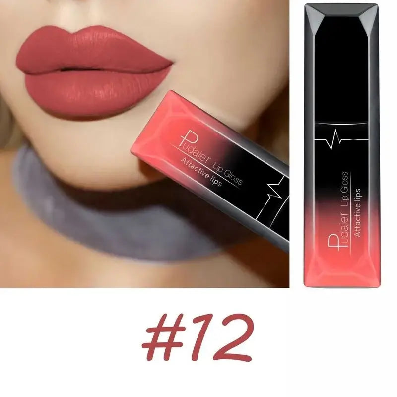 Close-up of lips wearing long-lasting matte lip gloss with product packaging #12 by Pudair.