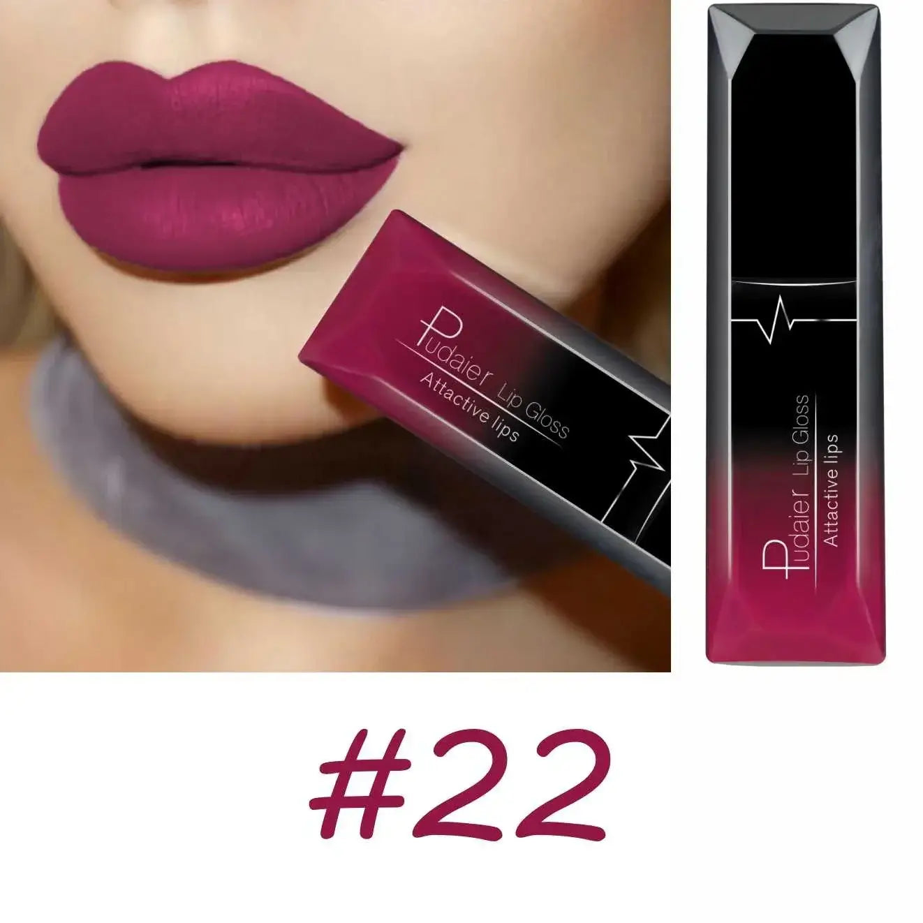 Long-lasting matte lipgloss in shade #22 with attractive bold lips showcasing the product packaging.