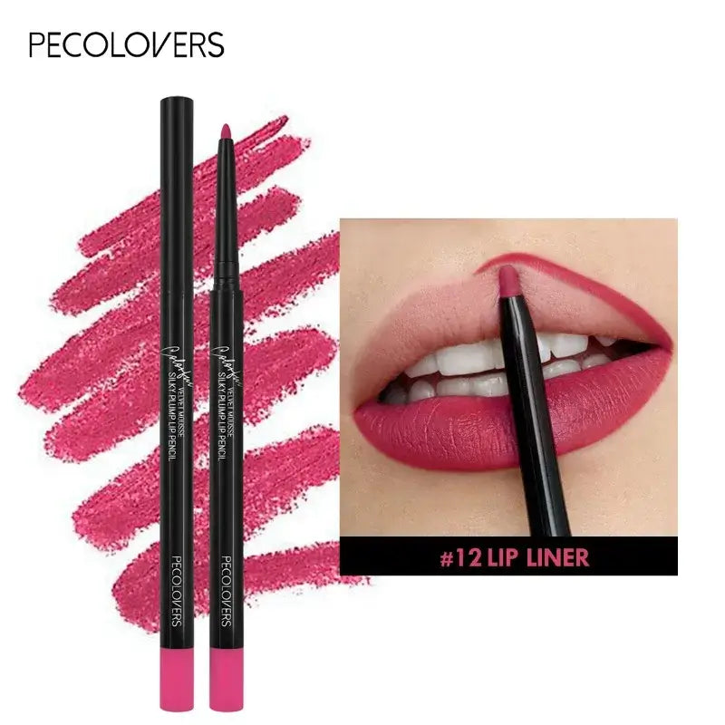 Pecolovers #12 lip liner showcasing vibrant pink color, perfect for defining lips with a smooth application.