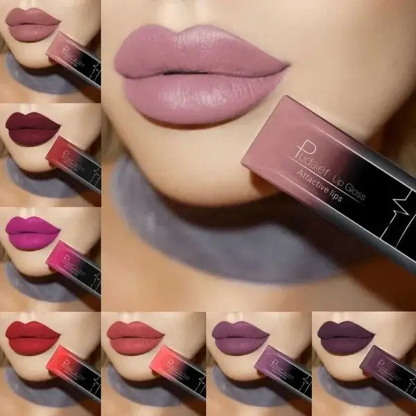 Variety of long lasting matte lipgloss shades displayed on attractive lips, showcasing vibrant colors and smooth finish.