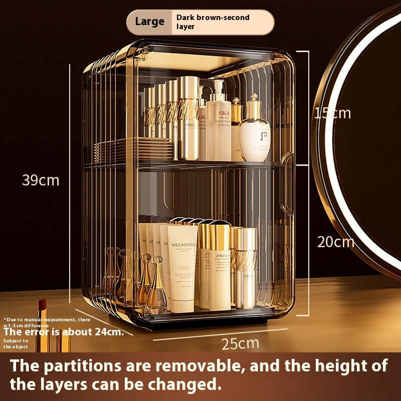 Cosmetic storage box in dark brown, featuring removable partitions and adjustable layer heights, measuring 39cm x 25cm.