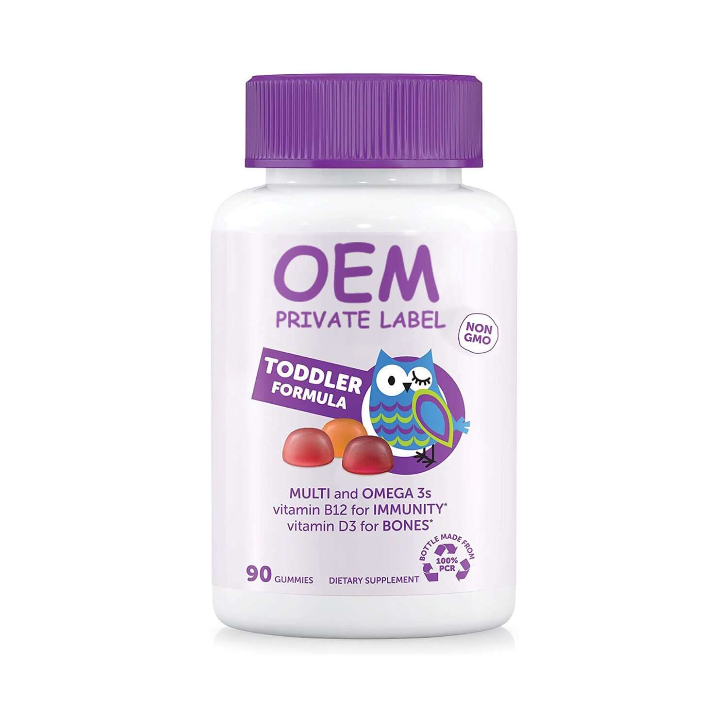 OEM Private Label Toddler Formula vitamins gummy bottle with owl design, 90 gummies for immunity and bone health.