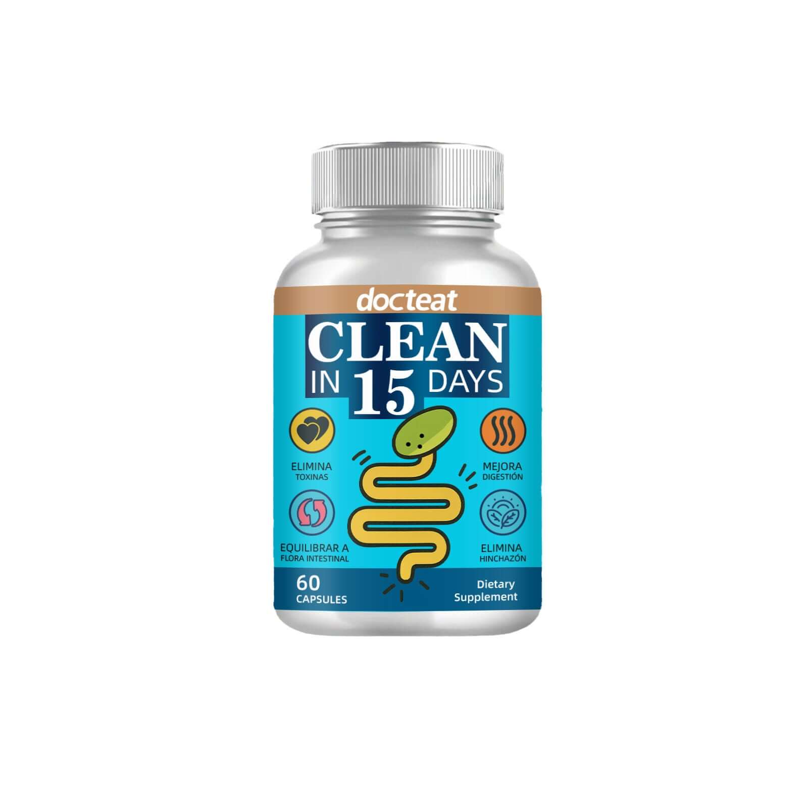 60 capsules of DocTeat Clean in 15 Days dietary supplement for intestinal cleansing and detoxification.